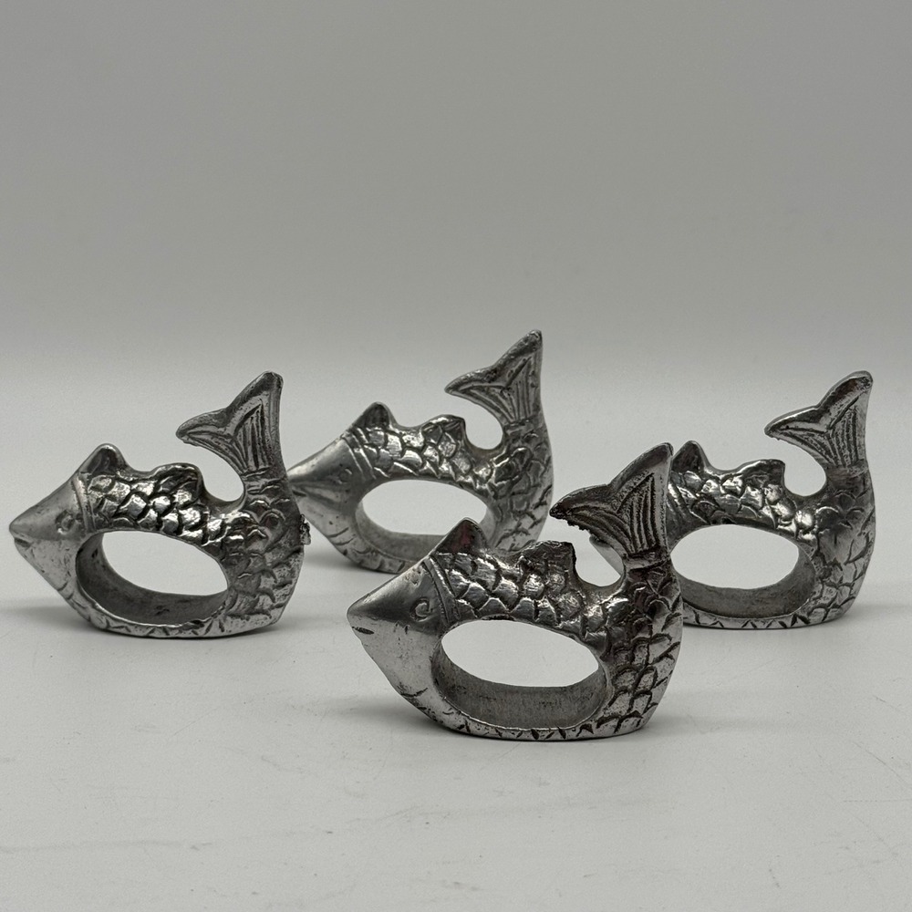 Vintage Heavy Pewter Cast Metal Fish Napkin Rings Set of 4 Koi Coastal Decor